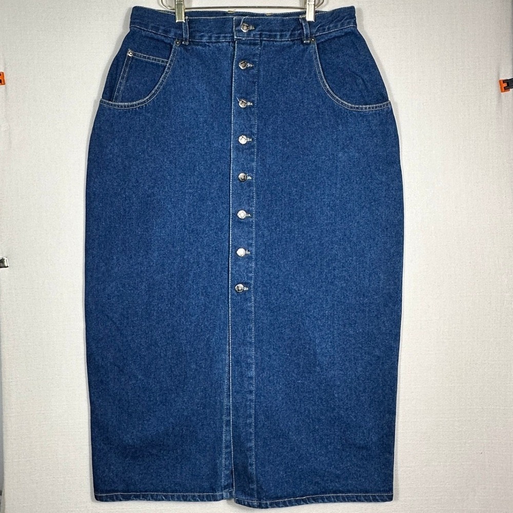Vintage 90s Diana Mareo Denim Maxi Skirt 14 Button Front High Waist Cotton